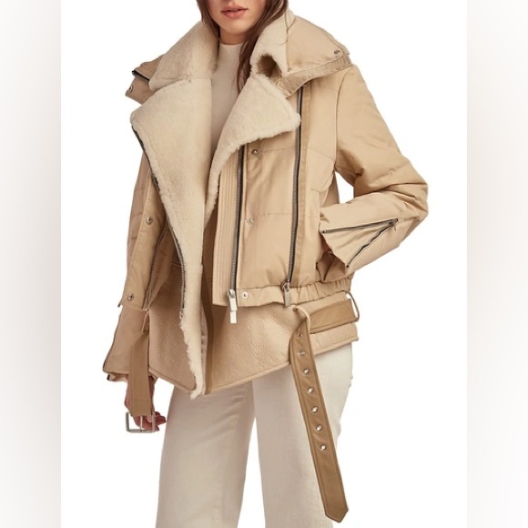 Nicole Benisti Hayden biker jacket coat shearling beige tan cream small s - Picture 1 of 4